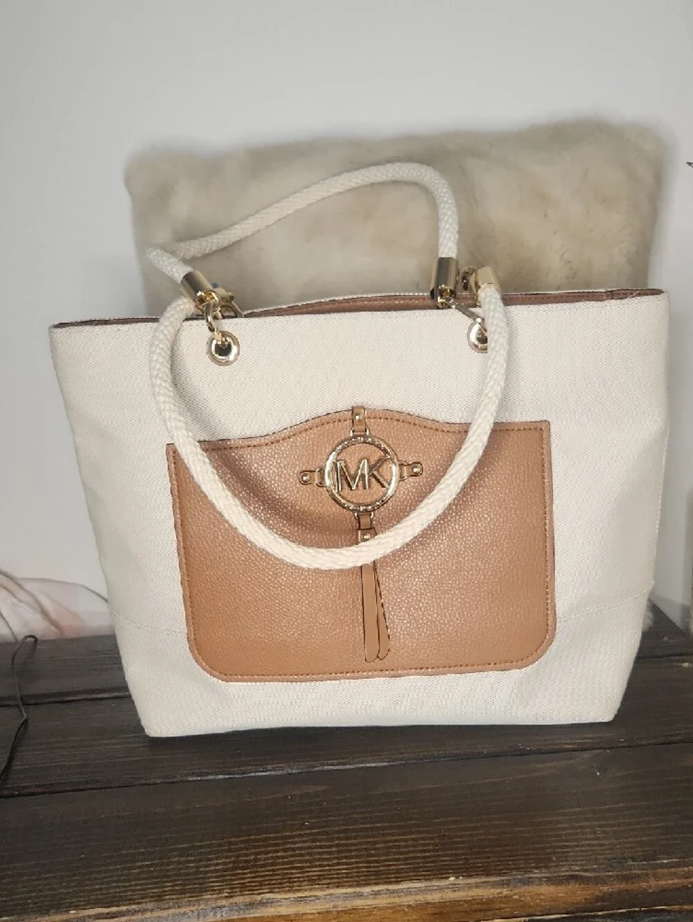 Michael Kors Cream Canvas Tote with Tan Leather Pocket
